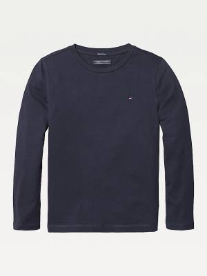 Koszulki Tommy Hilfiger Long-Sleeve Organic Bawełniane Dziewczynka Niebieskie | TH157GJS