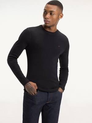 Koszulki Tommy Hilfiger Long Sleeved Ribbed Organic Bawełniane Męskie Czarne | TH405RVD