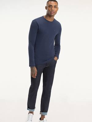 Koszulki Tommy Hilfiger Long Sleeved Ribbed Organic Bawełniane Męskie Niebieskie | TH692KPM