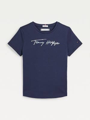 Koszulki Tommy Hilfiger Metallic Signature Logo Dziewczynka Niebieskie | TH857SNO