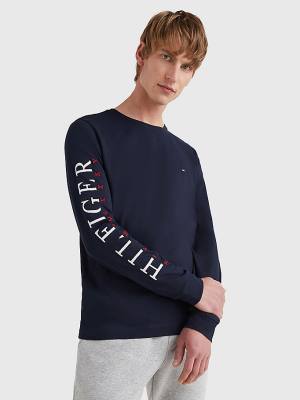 Koszulki Tommy Hilfiger Organic Bawełniane Long Sleeve Męskie Niebieskie | TH068JXP