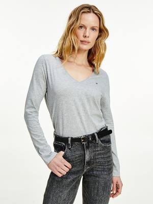 Koszulki Tommy Hilfiger Organic Bawełniane Long Sleeve V-Neck Damskie Szare | TH251BDI