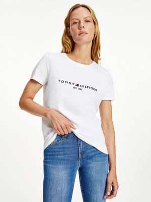 Koszulki Tommy Hilfiger Organic Bawełniane Logo Damskie Białe | TH584UCQ