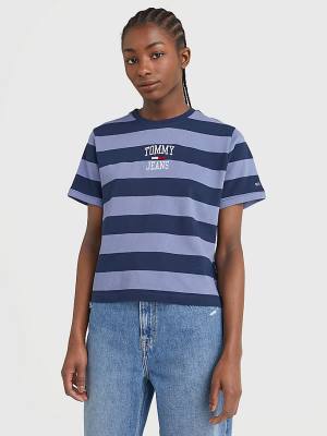 Koszulki Tommy Hilfiger Organic Bawełniane Stripe Logo Damskie Niebieskie | TH602AHB