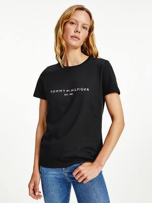 Koszulki Tommy Hilfiger Organic Bawełniane Logo Damskie Czarne | TH671NJG