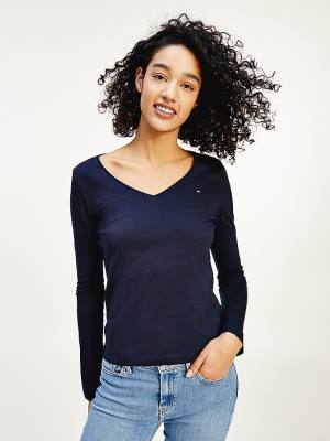 Koszulki Tommy Hilfiger Organic Bawełniane Long Sleeve V-Neck Damskie Niebieskie | TH897QFO