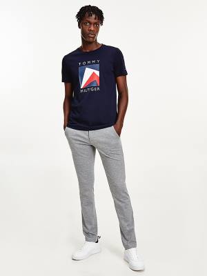 Koszulki Tommy Hilfiger Organic Bawełniane Logo Męskie Niebieskie | TH960DHE