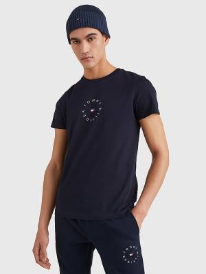 Koszulki Tommy Hilfiger Organic Bawełniane Round Logo Męskie Niebieskie | TH971MJK