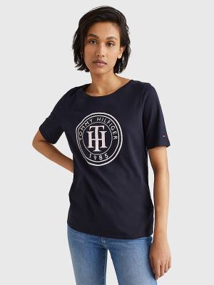 Koszulki Tommy Hilfiger Organic Bawełniane Print Damskie Niebieskie | TH983NVJ