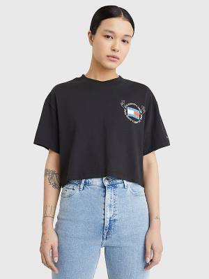 Koszulki Tommy Hilfiger Oversized Cropped Slogan Damskie Czarne | TH257VJZ