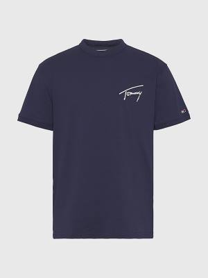 Koszulki Tommy Hilfiger Recycled Bawełniane Signature Logo Męskie Niebieskie | TH981GJM