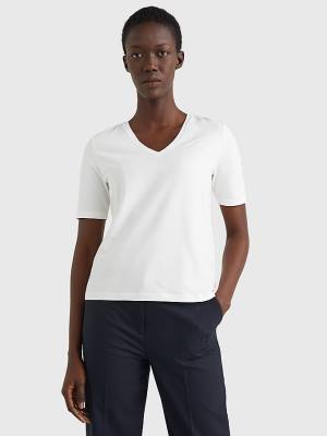 Koszulki Tommy Hilfiger Relaxed Fit V-Neck Monogram Damskie Białe | TH508ZXE