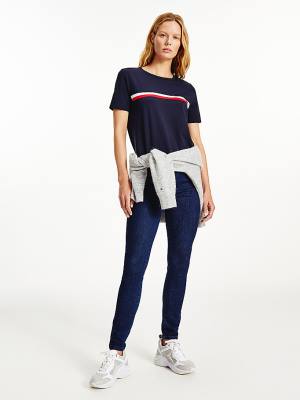 Koszulki Tommy Hilfiger Signature Tape Crew Neck Damskie Niebieskie | TH028EAZ