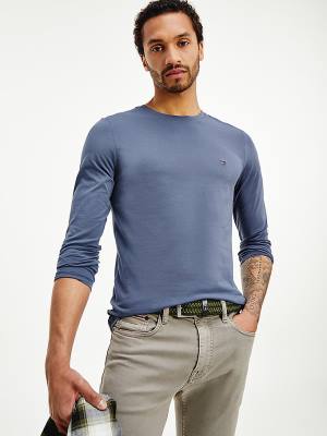 Koszulki Tommy Hilfiger Slim Fit Long Sleeve Męskie Niebieskie | TH124KMV