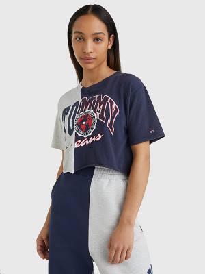 Koszulki Tommy Hilfiger Spliced Logo Cropped Damskie Niebieskie | TH526BGA