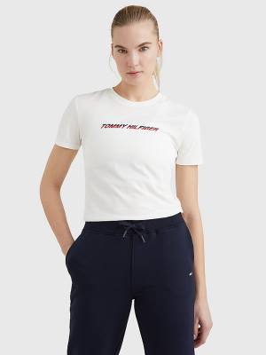 Koszulki Tommy Hilfiger Sportowe Logo Damskie Białe | TH315QJE