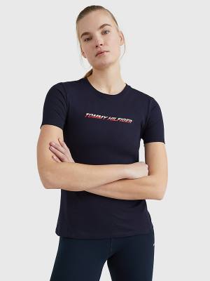 Koszulki Tommy Hilfiger Sportowe Logo Damskie Niebieskie | TH674OYA