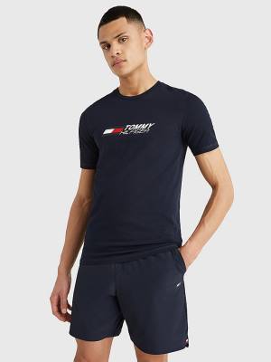 Koszulki Tommy Hilfiger Sportowe Organic Bawełniane Logo Męskie Niebieskie | TH458OFZ