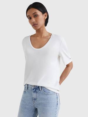 Koszulki Tommy Hilfiger Sueded Scoop Neck Relaxed Damskie Białe | TH697SIN