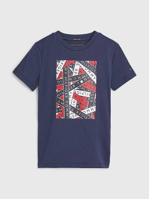 Koszulki Tommy Hilfiger Tape Logo Organic Bawełniane Chłopięce Niebieskie | TH843MYF