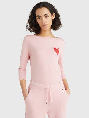 Koszulki Tommy Hilfiger Valentines Heart Print Łódź Neck Damskie Różowe | TH426PKS