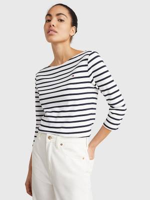 Koszulki Tommy Hilfiger Łódź Neck Three-Quarter Sleeve Damskie Białe | TH823IOX