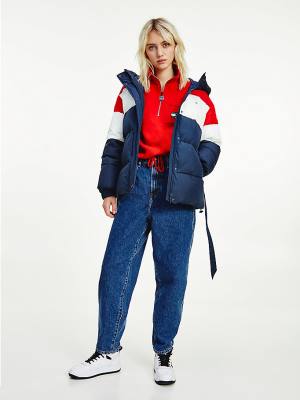 Kurtki Tommy Hilfiger Colour-Blocked Belted Down Puffer Damskie Niebieskie | TH386KYO