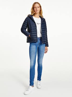 Kurtki Tommy Hilfiger Down-Filled Zakapturzony Zip-Thru Damskie Niebieskie | TH726SNV