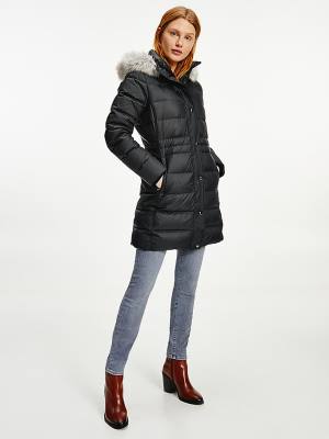 Kurtki Tommy Hilfiger Essential Down-Filled Faux Fur Trim Coat Damskie Czarne | TH537EYB