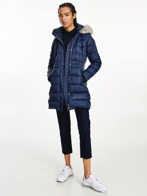 Kurtki Tommy Hilfiger Essential Down-Filled Faux Fur Trim Coat Damskie Niebieskie | TH743UGE