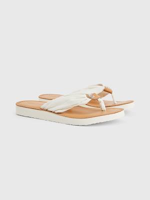 Sandały Tommy Hilfiger Essential Skórzane Footbed Flip-Flops Damskie Białe | TH179RUH