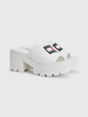 Sandały Tommy Hilfiger Skórzane Flag Block Heel Mules Damskie Białe | TH028CVI