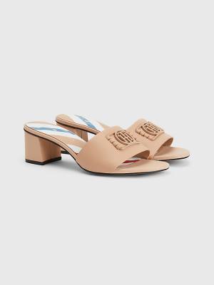 Sandały Tommy Hilfiger TH Monogram Block Heel Skórzane Mules Damskie Beżowe | TH063NJH