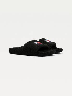 Sandały Tommy Hilfiger Tommy Badge Sherpa Slides Damskie Czarne | TH479FCW