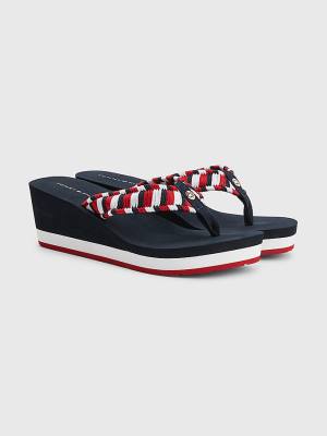 Sandały Tommy Hilfiger Woven Webbing Koturny Flip-Flops Damskie Niebieskie | TH796LHG