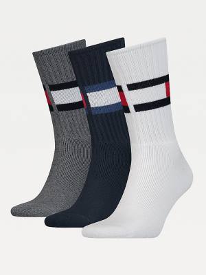 Skarpety Tommy Hilfiger 3-Pack Ribbed Flag Męskie Białe | TH762DLW