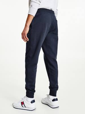 Spodnie Tommy Hilfiger Slim Fleece Signature Joggers Męskie Niebieskie | TH647SKF