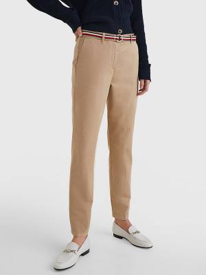 Spodnie Tommy Hilfiger Slim Signature Belt Chinos Damskie Beżowe | TH137FPE