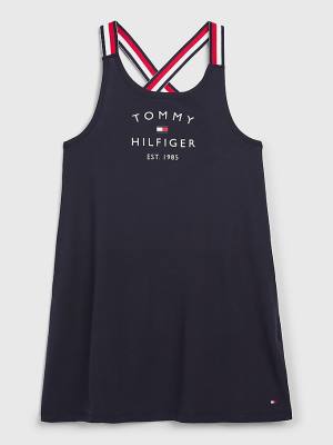 Stroje Kąpielowe Tommy Hilfiger Signature Tape Bez Rękawów Sukienki Dziewczynka Niebieskie | TH209GRL