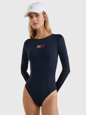 Stroje Kąpielowe Tommy Hilfiger TH Flex Long Sleeve One-Piecesuit Damskie Niebieskie | TH021SYG