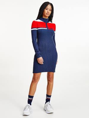 Sukienki Tommy Hilfiger Colour-Blocked Half-Zip Jumper Damskie Niebieskie | TH912HKQ