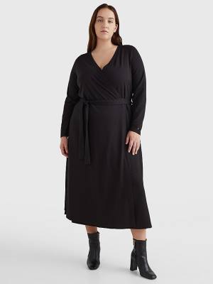 Sukienki Tommy Hilfiger Curve Long Sleeve V-Neck Midi Wrap Damskie Czarne | TH915KBH