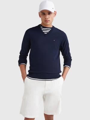 Swetry Tommy Hilfiger 1985 Essential TH Flex V-Neck Jumper Męskie Niebieskie | TH417TDM