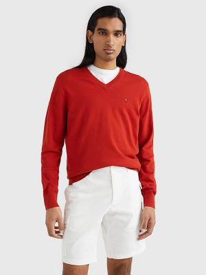 Swetry Tommy Hilfiger 1985 Essential TH Flex V-Neck Jumper Męskie Czerwone | TH807GWC