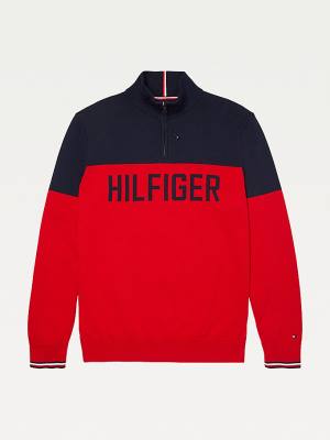 Swetry Tommy Hilfiger Adaptive Colour-Blocked Half-Zip Sweatshirt Męskie Czerwone | TH743OLK