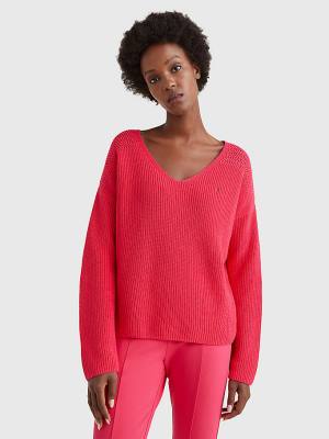 Swetry Tommy Hilfiger Contrast Knit Relaxed Fit V-Neck Jumper Damskie Różowe | TH017AZQ