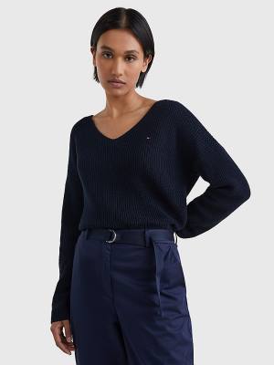 Swetry Tommy Hilfiger Contrast Knit Relaxed Fit V-Neck Jumper Damskie Niebieskie | TH396UWV