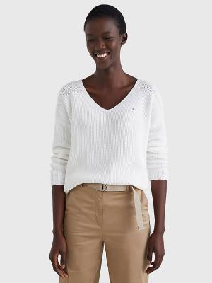 Swetry Tommy Hilfiger Contrast Knit Relaxed Fit V-Neck Jumper Damskie Białe | TH587CJE