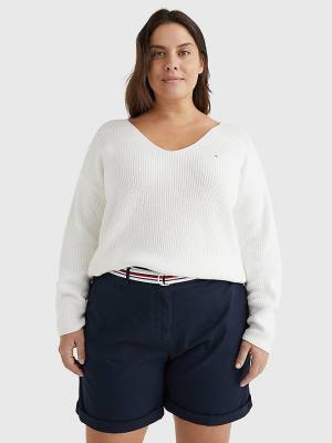 Swetry Tommy Hilfiger Curve Contrast Knit Relaxed Fit V-Neck Jumper Damskie Białe | TH240IET