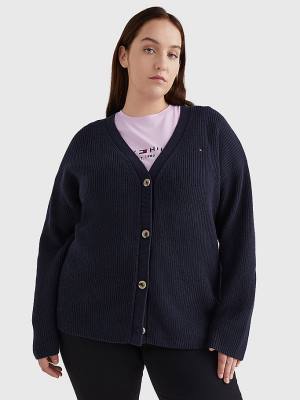 Swetry Tommy Hilfiger Curve V-Neck Relaxed Fit Rib Knit Cardigan Damskie Niebieskie | TH278WGP